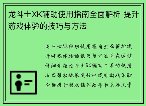龙斗士XK辅助使用指南全面解析 提升游戏体验的技巧与方法
